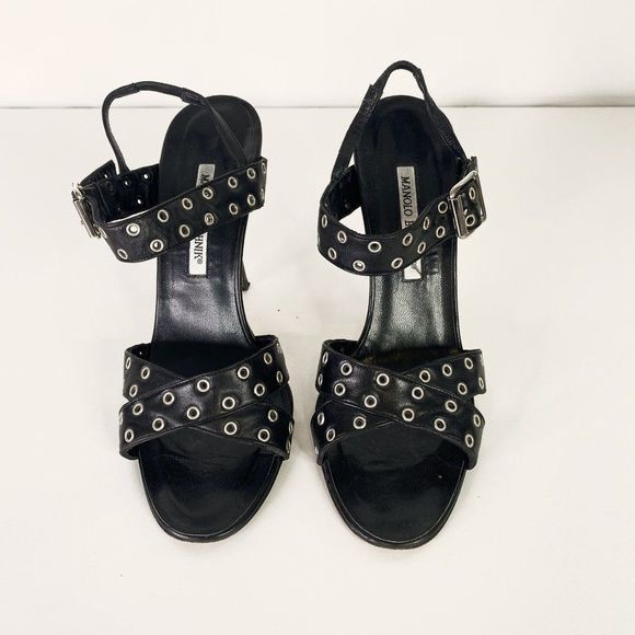 Manolo Blahnik Black Strappy Leather Heels with Silver Grommet Details - Picture 2 of 7